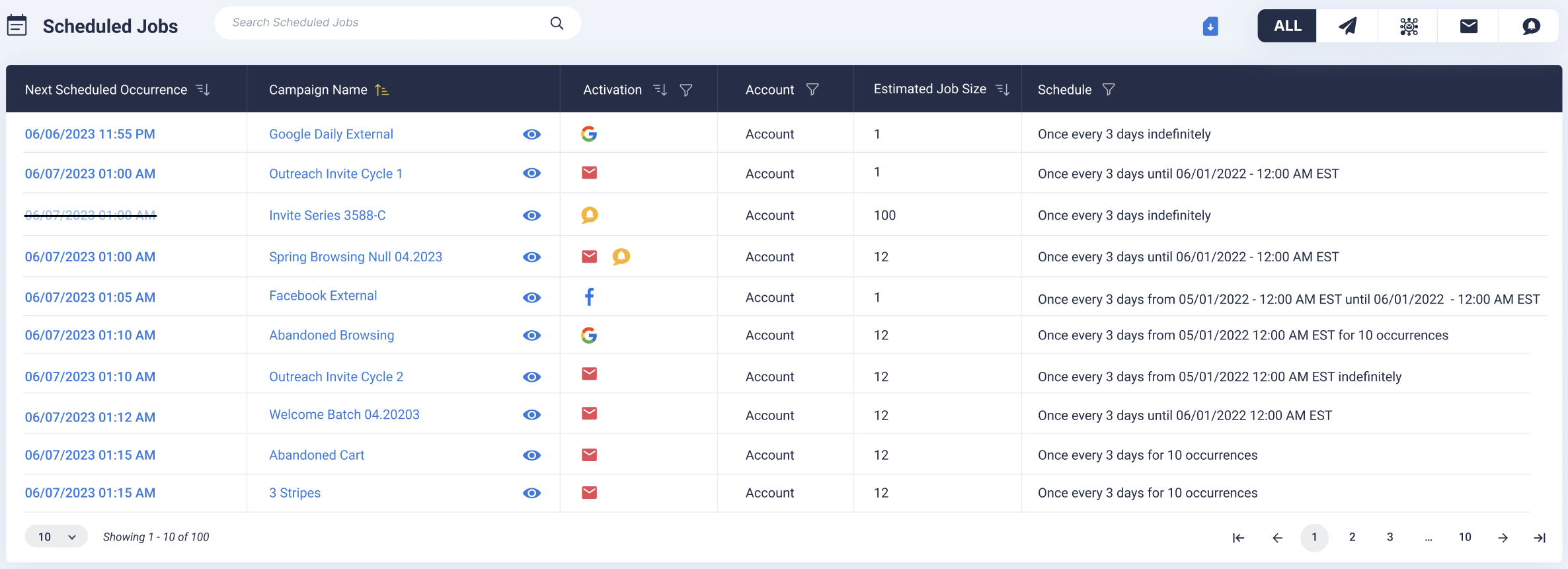 scheduled jobs screen